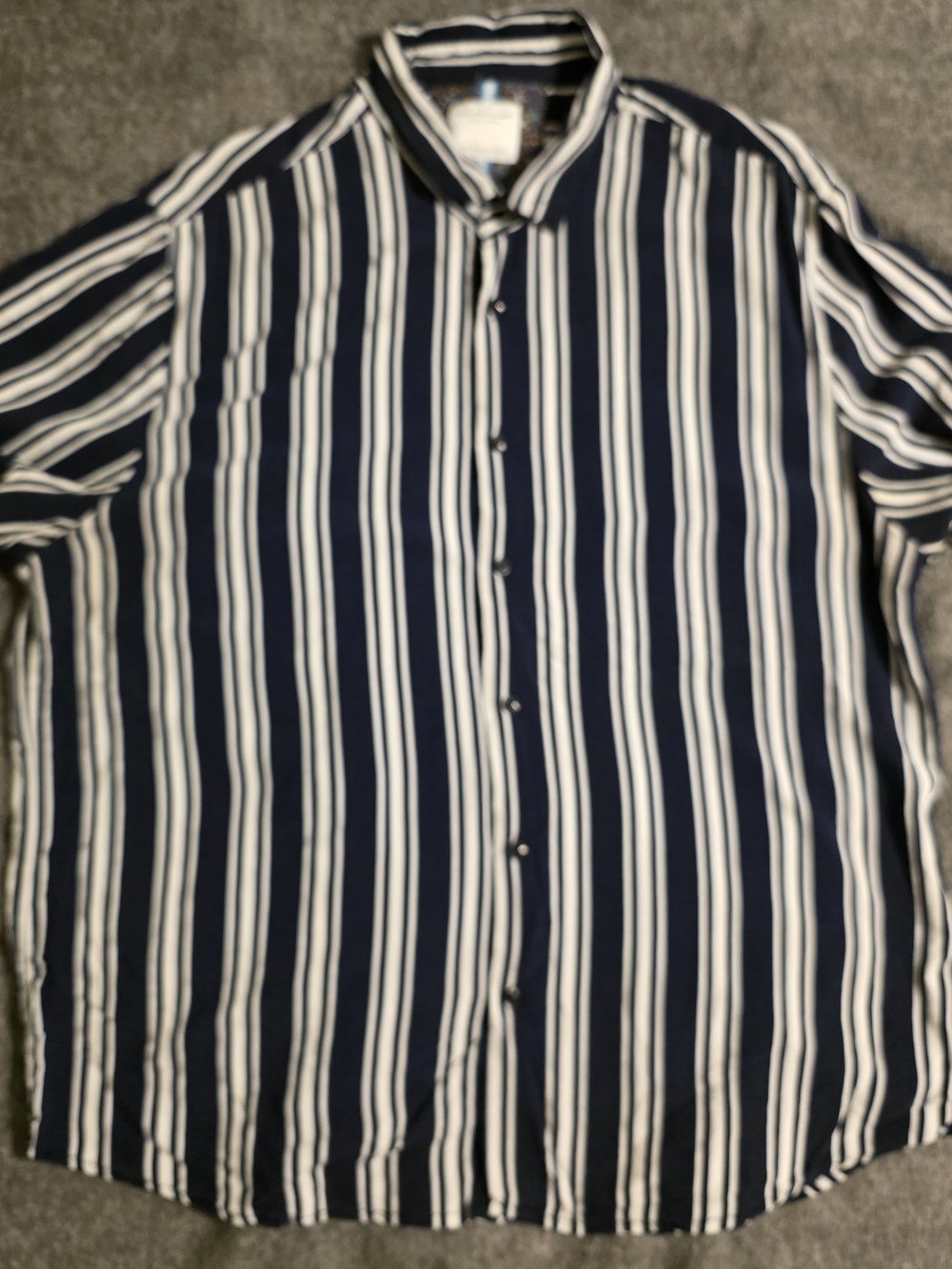 Denim & Flower Navy and White Vertical Stripe Casual Button-Down Shirt